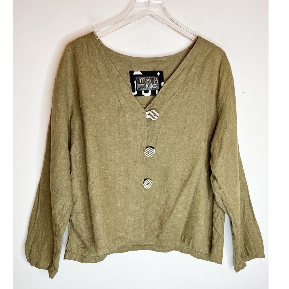 My Tribe Joy Burton Beige 100% Linen Aztec Button  Top Size Medium